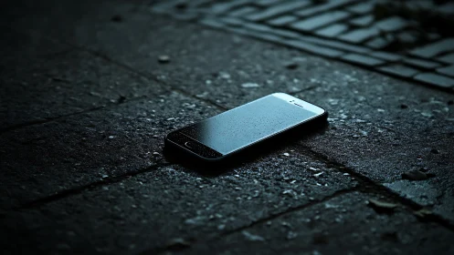 Forgotten smartphone on wet pavement in low key lighting.