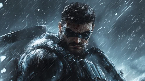 Armored vigilante grips sword under relentless storm rain.