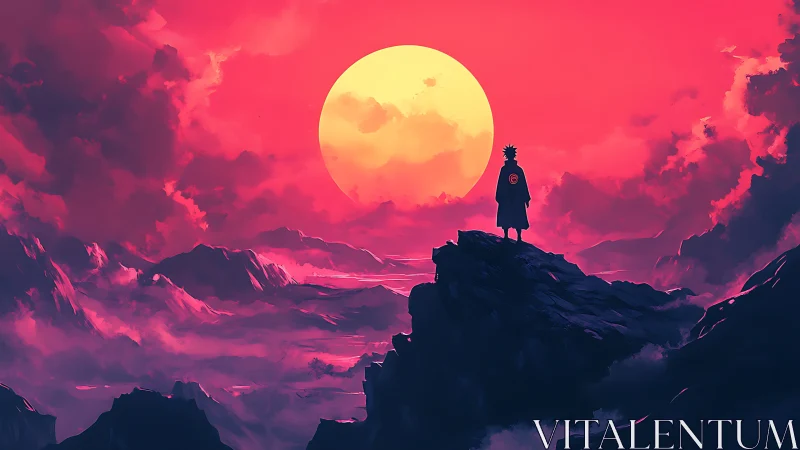 Silhouetted figure on rocky peak before large sunset orb.