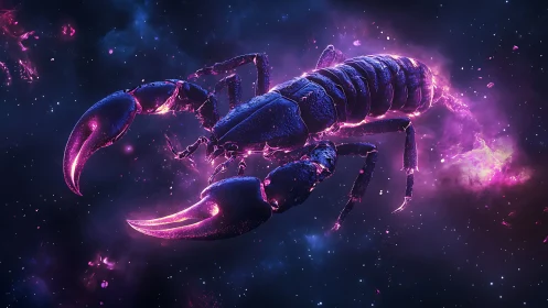 Cosmic scorpion rendered in purple and blue nebula glow.