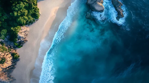 Aerial Coastal Vista: Turquoise Waves Meet Pristine Sandy Beach