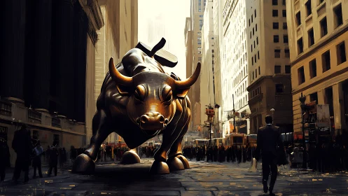 Monumental bronze bull dominates dense urban canyon streetscape