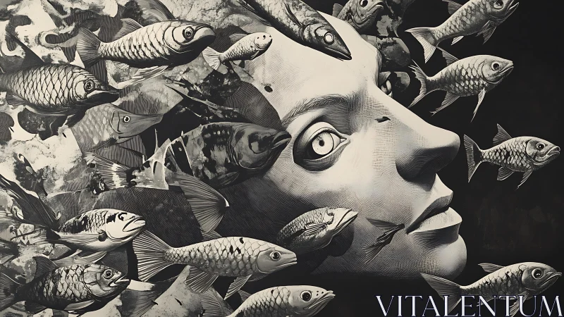 Surreal human face merges with swirling monochrome fish