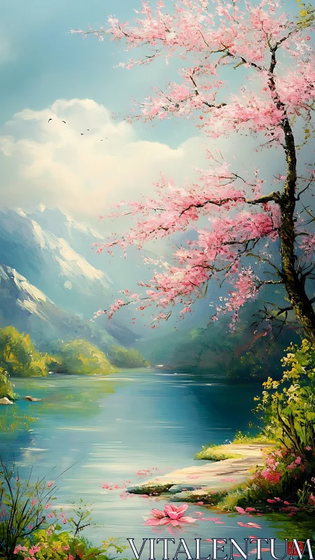 Cherry blossom tree beside mountain lake under clear sky.