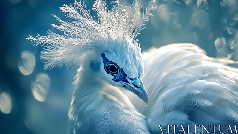 Frost crowned white peafowl preens in bokeh daydreams.