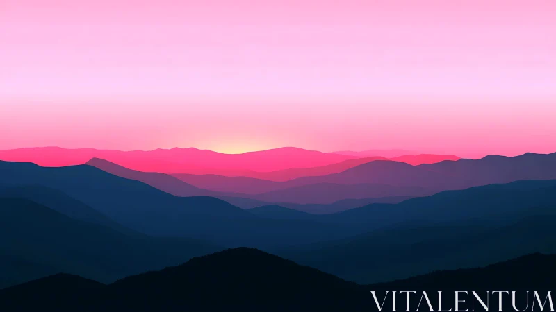 Layered violet mountains under luminous pink sunrise.