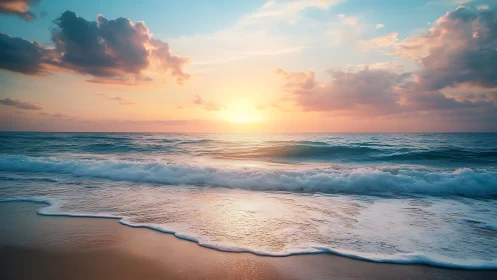Golden sunrise glows above tranquil ocean waves at shore