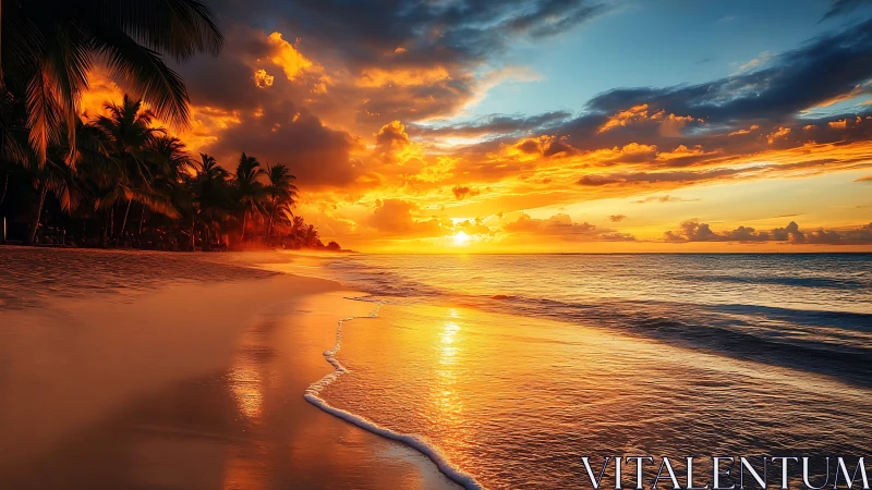 High-saturation tropical shoreline with dynamic sunset cloudscape