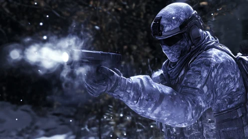 Snowbound tactical hero framed in a burst of winter light.