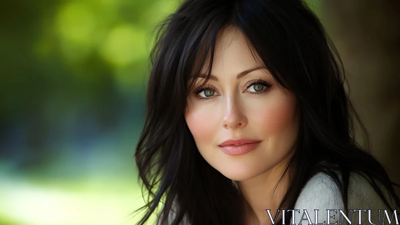 Soft-eyed woman rests calmly against a gentle green blur