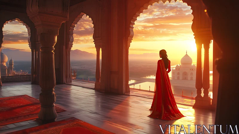 Woman in red sari overlooking domed palace at sunset.
