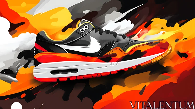 Dynamic sneaker illustration slices through abstract inferno
