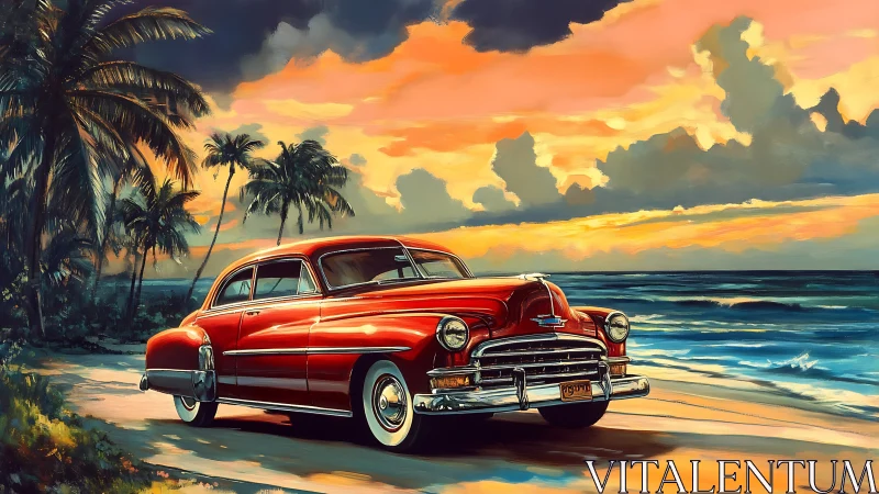 Sunset cruise invites a classic red car onto the beach