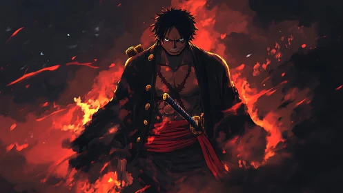 Anime warrior in infernal cloak, high-contrast flame composition.