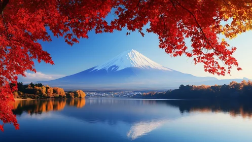 Mount Fuji framed by autumn maple foliage over calm lake
