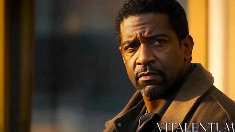 Stoic man in warm evening light, contemplative street portrait.