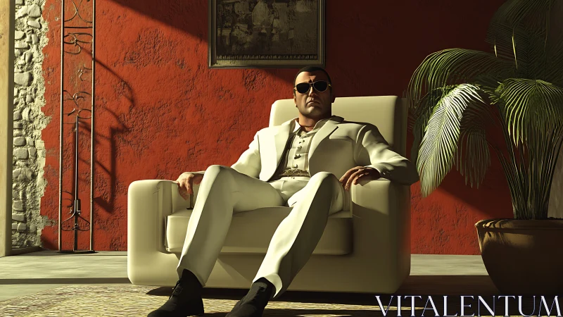 Confident man in white suit reclines in sunlit modern lounge.