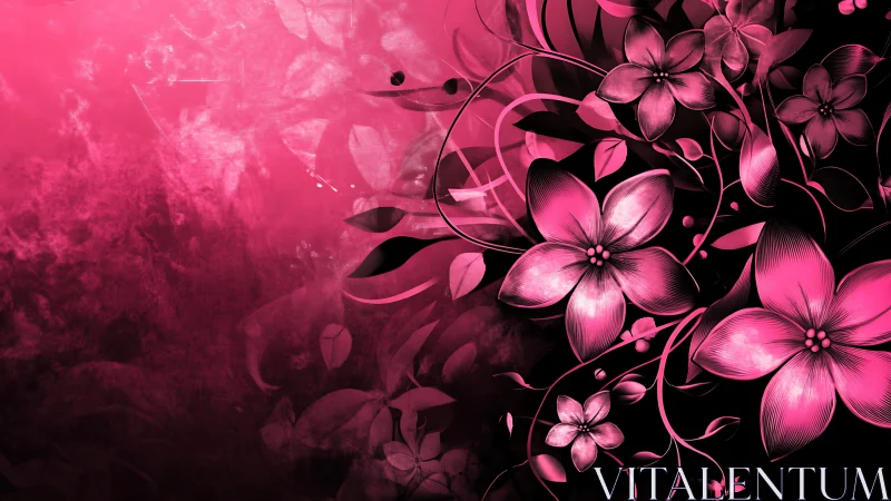 Pink Floral Digital Art on Black Background.
