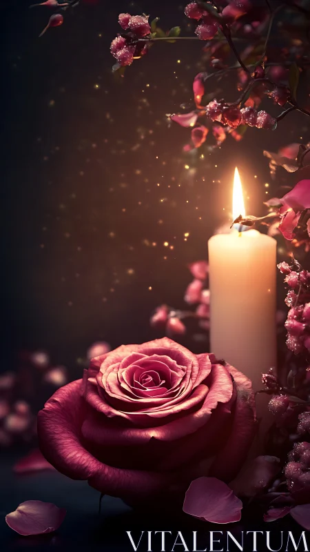 Rose with Candle in Dimly Lit Botanical Arrangement