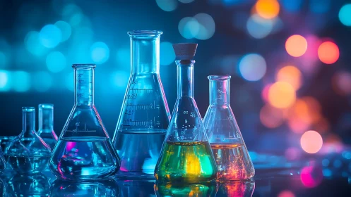 Chemistry glassware aligned against neon bokeh laboratory lights