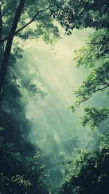 Forest Canopy with Sunlight Rays Breaking Through Dense Green Trees