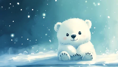 Snowflake whispers circle a daydreaming baby polar bear