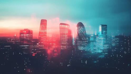 Neon-lit skyline with bokeh haze and high-rise edge glow rendering