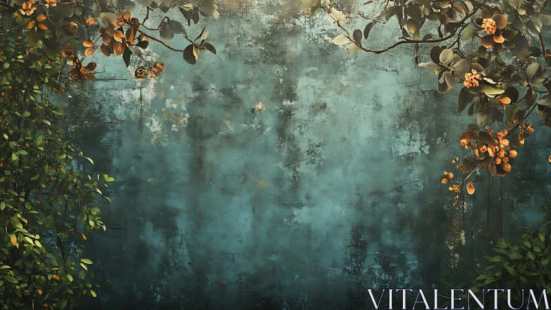 Weathered teal wall framed by lush flowering foliage.