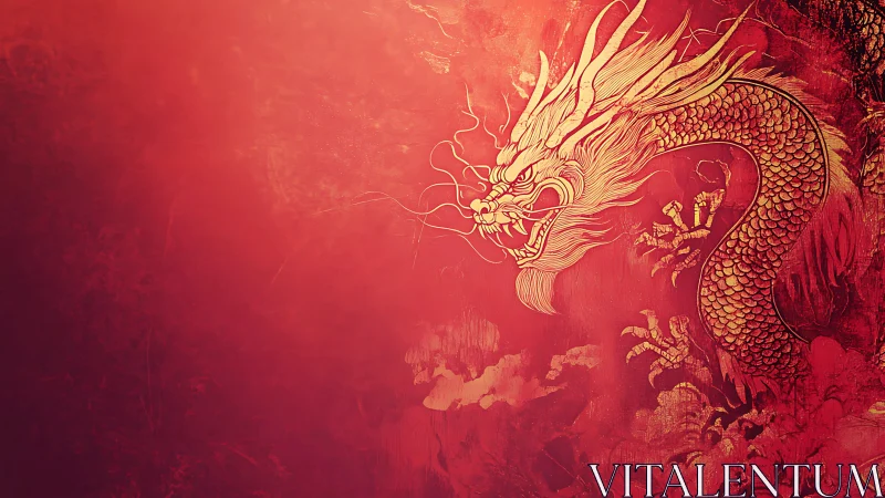 Golden oriental dragon illustration coils over scarlet ground