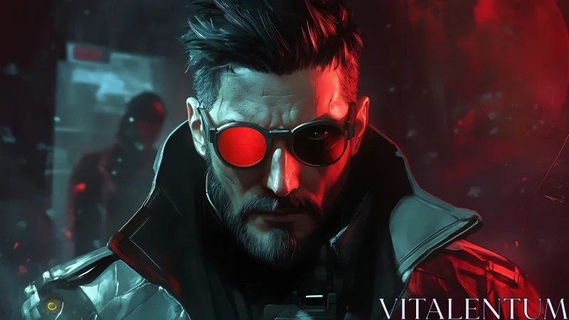 Augmented operative in red-lit tactical cybernetic portrait.