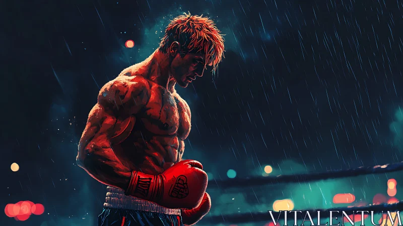 Boxer in rain: muscular figure with red gloves, atmospheric lighting.