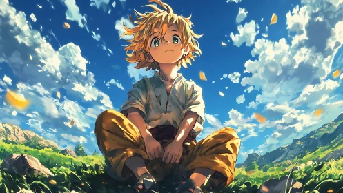 Boy sits on grassland under bright blue sky with clouds