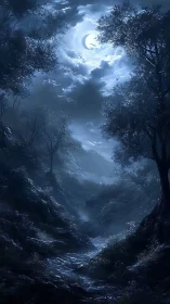 Moonlit forest valley is rendered with high tonal contrast