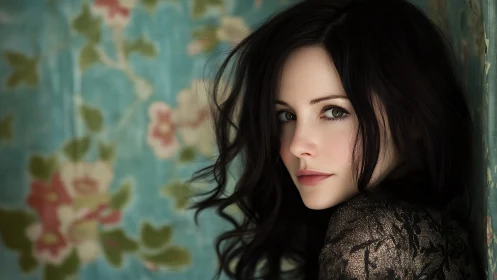 Soft-lit brunette portrait against floral teal backdrop.