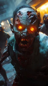 Hyperreal undead creature with molten eyes in corridor attack