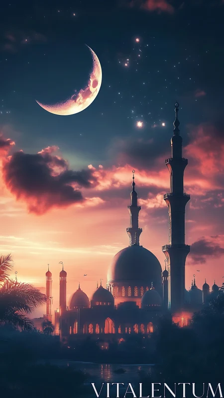 Luminous crescent over domed mosque in atmospheric dusk sky.