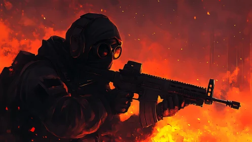 Shadowed soldier silhouette against blazing red inferno.