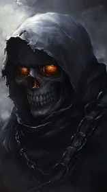 Hooded flaming skull portrait in dark digital painting style.