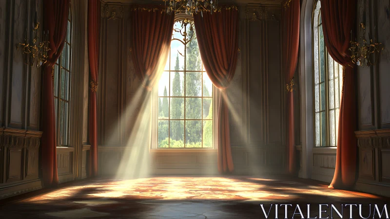 Photorealistic sunlit ballroom with neoclassical window treatments.