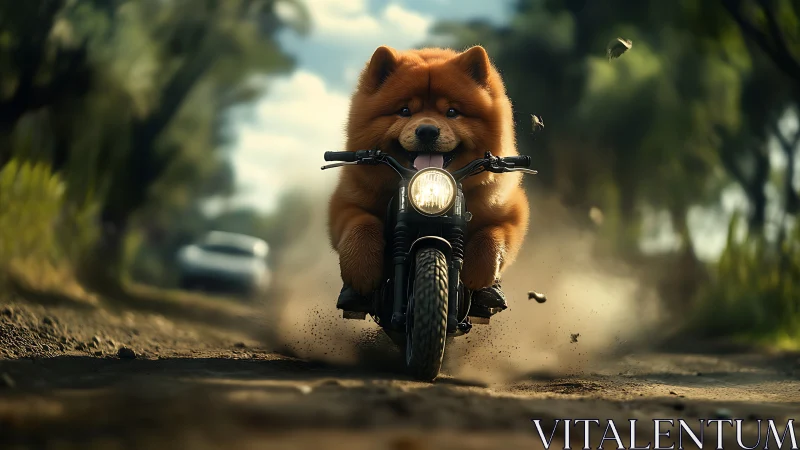 Fluffy dog rides vintage motorcycle along sunlit dirt road