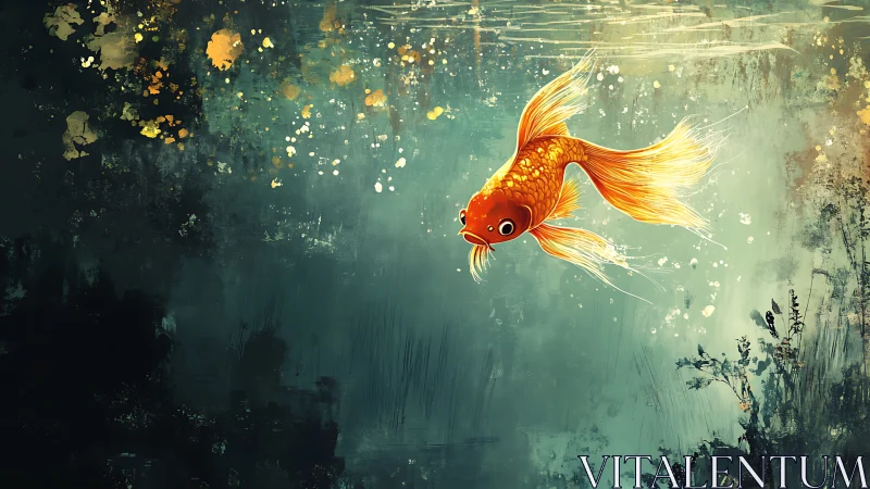 Golden fish suspended in deep teal abstract water scene.