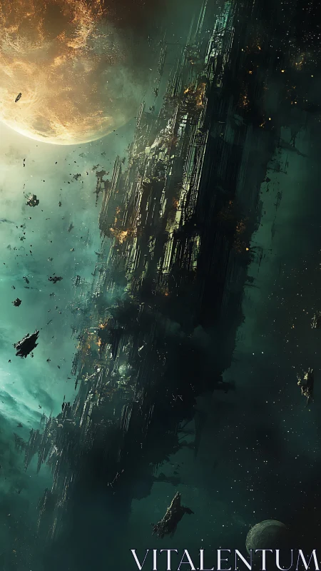 Starlit ruins of a colossal space station drifting in silence.