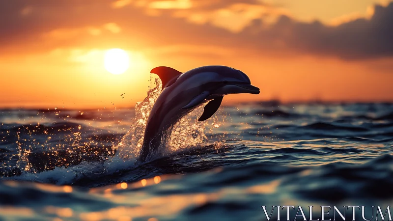 Sunlit dolphin arcs through golden ocean sunset seascape.