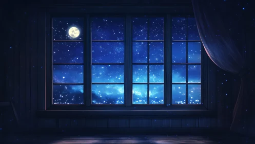 Moonlit night sky outside dark wooden room window.
