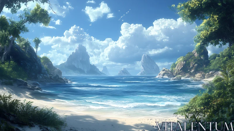 Towering rock formations shelter pristine tropical cove.