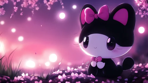 Kawaii cat character sits under glowing pink bokeh lights