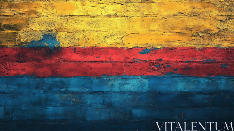 Textured tricolor mural on distressed brick wall surface.