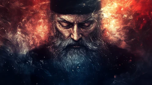 Elderly bearded mystic dissolves into turbulent cosmic nebula