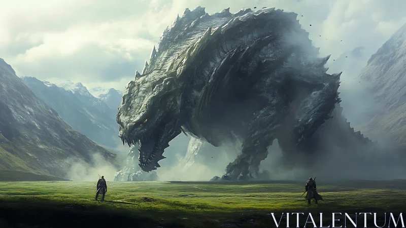 Colossal mist-shrouded dragon confronting lone warriors.