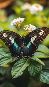 Macro study of iridescent black swallowtail butterfly on foliage